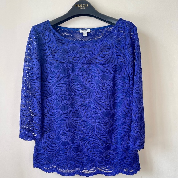 Royal Blue Lace Top with 3/4 Sleeves - Picture 1 of 10